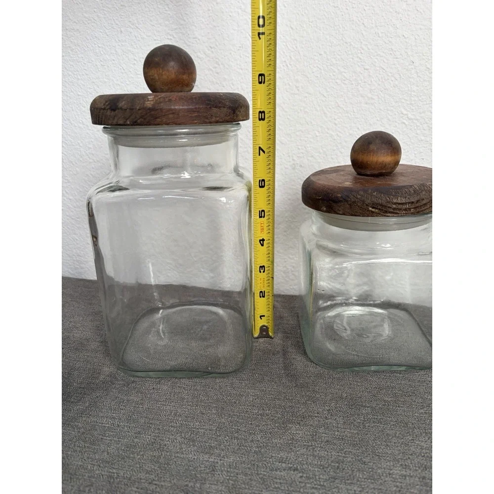 Vintage Anchor Hocking Clear Glass Canister Set Wood Lids Farmhouse Apothecary